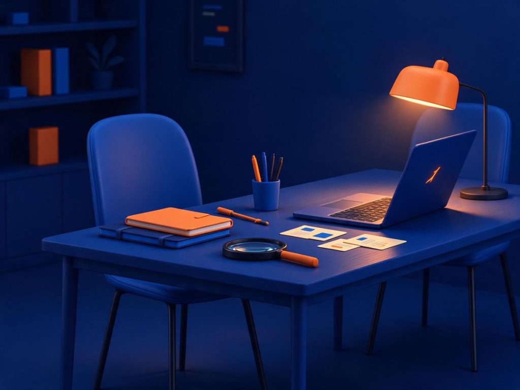 Tavolo da lavoro blu con portatile, taccuino, lente e lampada arancione accesa, con una sedia libera accanto