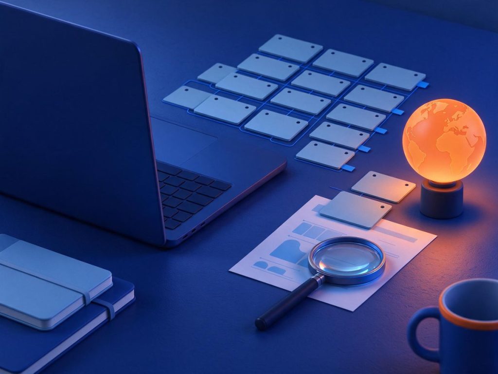 Scrivania digitale blu con un portatile, schede di appunti in ordine, una lente d'ingrandimento e un piccolo globo arancione luminoso