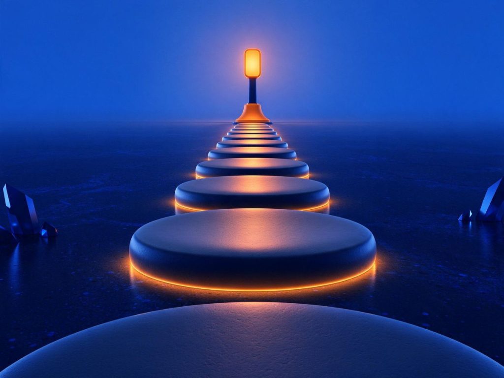Un percorso di pietre luminose su una superficie blu notte che porta a un faro arancione